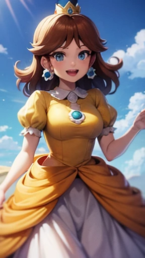 Princess daisy super mario, brown hair, blue eyes, short products hair, gold princess crown, flower earrings, yellow long dress, puffy short sleeves, flower brooch, open mouth, smile, flowers, outdoors, sky, cloudy sky, anime waifu style