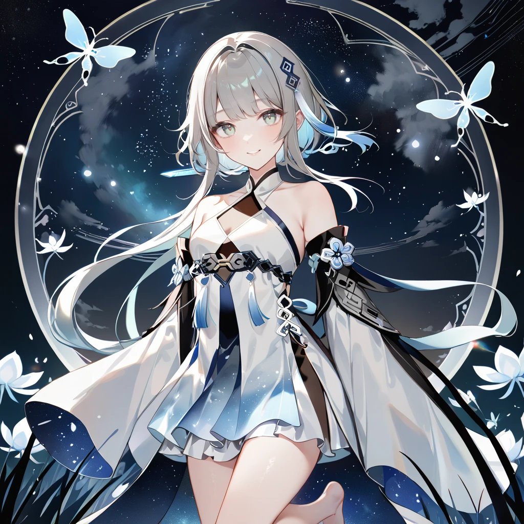 score_9, score_8_up, score_7_up, score_6_up,1girl, guizhong_\(genshin_impact\),(grey hair),short_hair_with_long_locks in front and low ponytail in back,gradient_hair,(pale grey eyes with seafoam gradient),starry_sky_print,detached_sleeves white outside blue starry inside, hands completely hidden by long sleeves,stunning field of softly glowing cerulean and white glaze lilies,night scene,gentle smile,face focus, eye focus,ladyshadow,moonlight,glossy lips,vivid anime coloring,cel shading,smooth, soft dreamy focus,anklet,halter_top,white clothes,highly detailed,digital painting,bare_shoulders,barefoot,cool night tones, magical night scene,geo crystalflies,professional,anemo colored fireflies,nebula of stardust and silvery vapor,harmonious blend of nature and art,transcendent beauty,awe-inspiring artwork,(best quality,4k,8k,highres,masterpiece:1.2),yunamaro,carnelian,dsmile,cosmic stardust,guizhong, guizhong's def clothes, 1girl, long hair, blue eyes, barefoot, guizhong's dress, hair ornament, chinese clothes, sleeves past fingers,