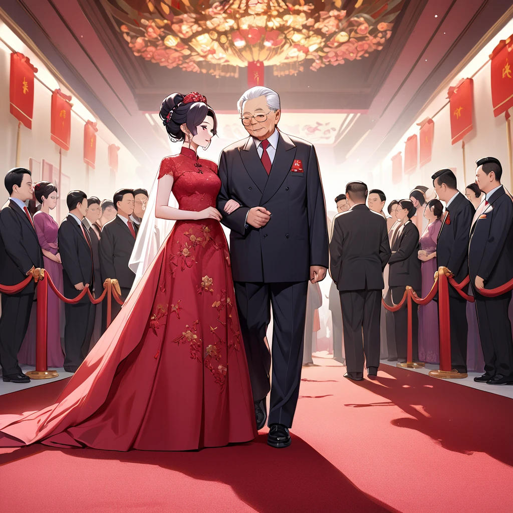 ((Highest quality)), ((masterpiece)), (detailed), (Perfect Face)、The woman is a Chinese woman named Kocho Shinobu.。, Purple gradient bob black hair and formal evening hairstyles. She is wearing an engagement ring. She is a prominent member of the Chinese Communist Party.、She is the wife of a great old Communist Party official.、The woman is wearing a gorgeous red wedding dress that is typical of the Chinese Communist Party.、She walked side by side with a dignified elderly Communist Party official down the red carpet aisle in a loving wedding ceremony.。A loving Chinese Communist couple