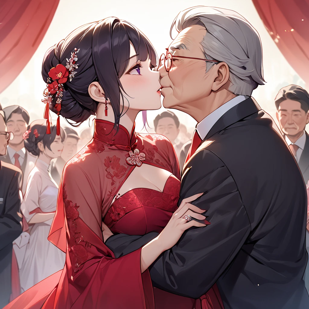 ((Highest quality)), ((masterpiece)), (detailed), (Perfect Face)、The woman is a Chinese woman named Kocho Shinobu.。, Purple gradient bob black hair and formal evening hairstyles. She is wearing an engagement ring. She is a prominent member of the Chinese Communist Party.、She is the wife of a great old Communist Party official.、The woman is wearing a gorgeous red wedding dress that is typical of the Chinese Communist Party.、She is seen in a passionate wedding ceremony with a dignified elderly Communist Party official, embracing him passionately and kissing him in a deep vow.。A loving Chinese Communist couple