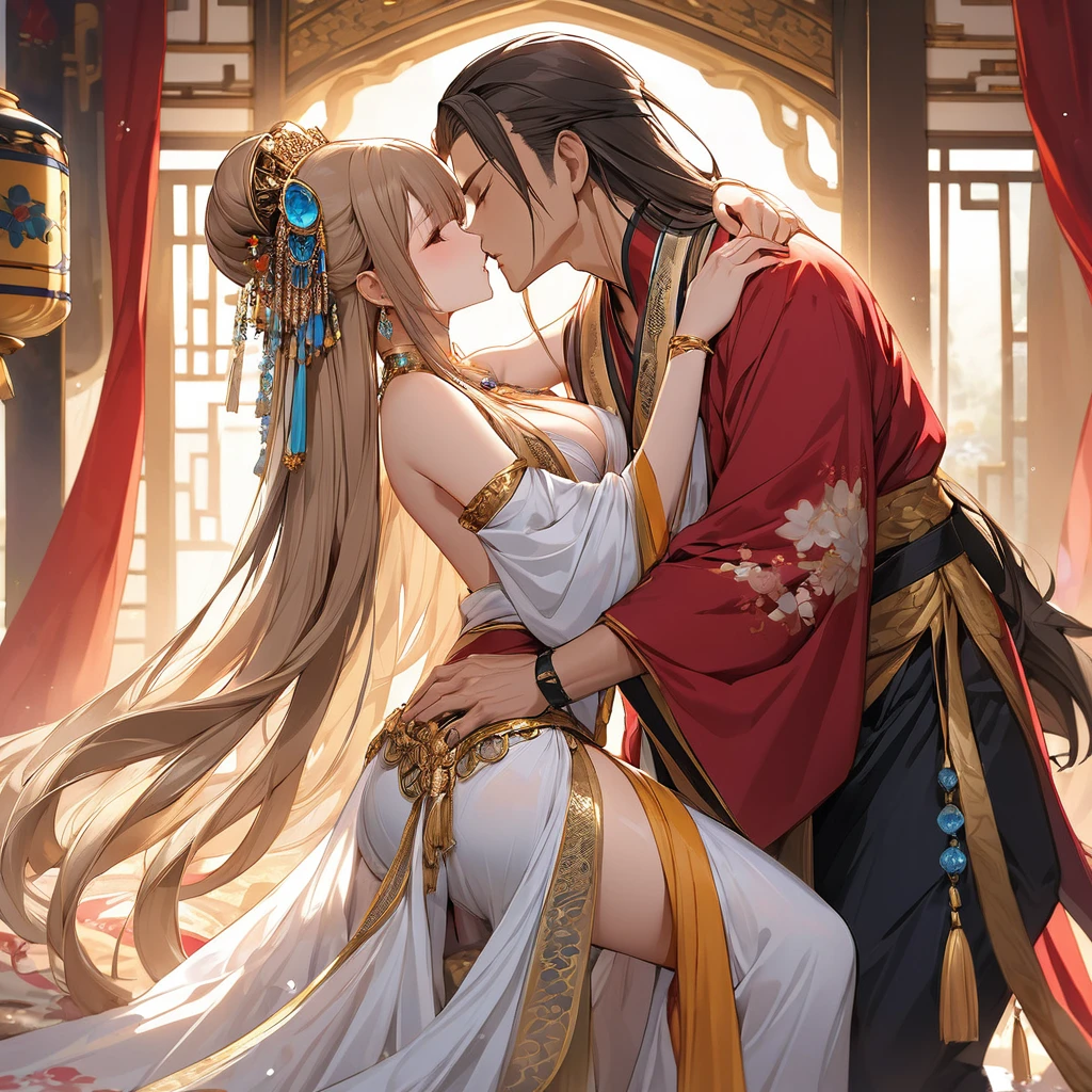 ((Highest quality)), ((masterpiece)), (detailed), （Perfect Face）、The woman is a concubine and sixth wife, Yuuki Asuna, with light brown, medium-long hair. She is a concubine to a wealthy man and a member of his harem. She is beautifully dressed in a captivating harem outfit and is lavishly adorned with many accessories.、The woman is pampered by the other concubines and the wealthy man, and is loved by him.、The woman and the man embrace and kiss, and then the man&#39;s penis enters the woman&#39;s vagina and ejaculates a large amount, making love to each other.