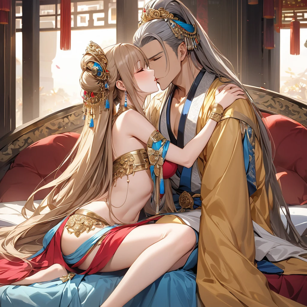 ((Highest quality)), ((masterpiece)), (detailed), （Perfect Face）、The woman is a concubine and sixth wife, Yuuki Asuna, with light brown, medium-long hair. She is a concubine to a wealthy man and a member of his harem. She is beautifully dressed in a captivating harem outfit and is lavishly adorned with many accessories.、The woman is pampered by the other concubines and the wealthy man, and is loved by him.、The woman and the man embrace and kiss, and then the man&#39;s penis enters the woman&#39;s vagina and ejaculates a large amount, making love to each other.