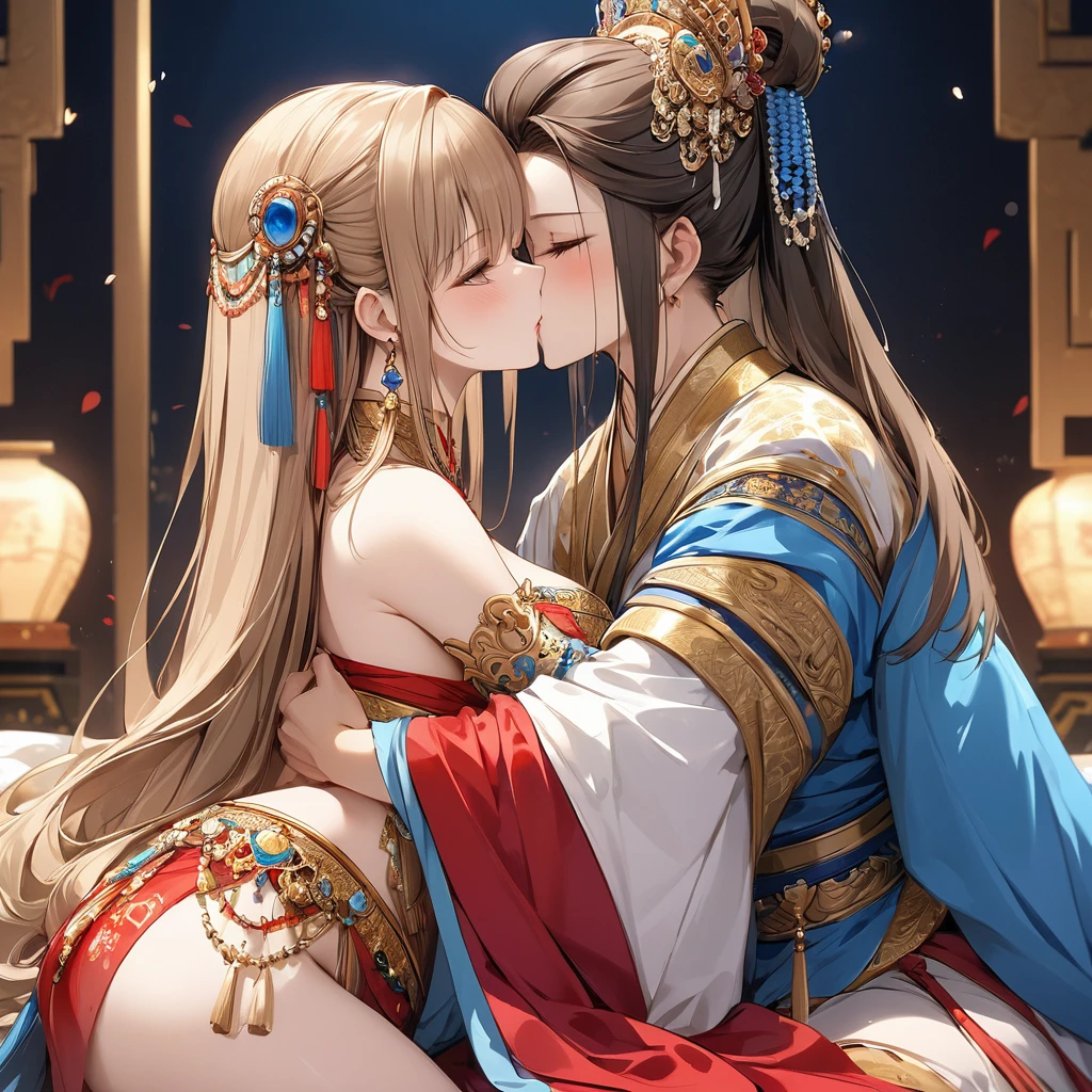 ancient China　Princess with long black hair　　Crying and blushing　　Forced to have sex with the old emperor　Wearing a super shiny red long sleeve raincoat and Chinese clothes, he is forced to have his penis thrust into his crotch on the futon.　Virginity loss crisis　