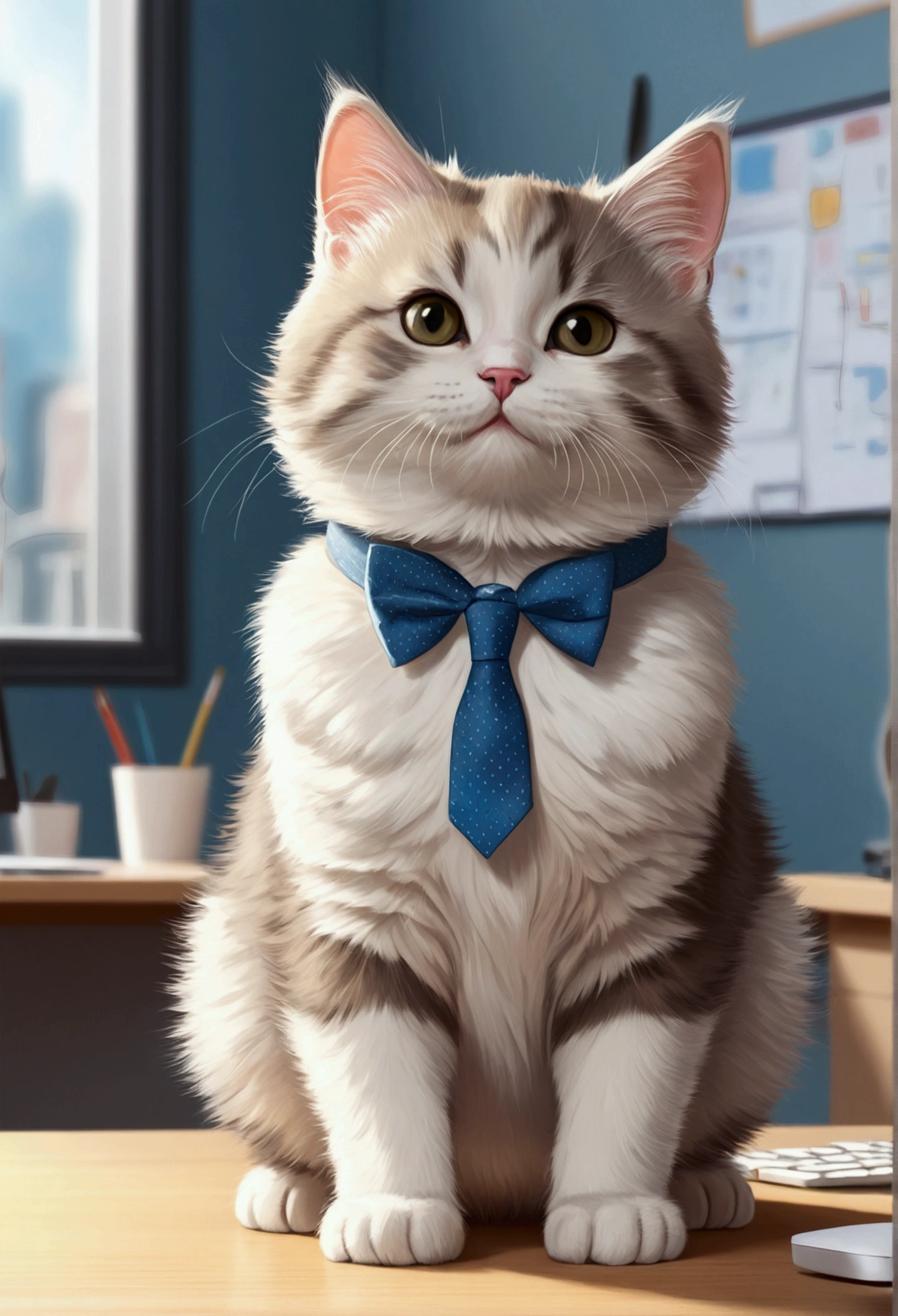 Perfect centering, cute fat kitten all over the body, wearing business clothese, working in the office, gently smile, ((standing position)), abstract beauty, in the center, looking at the camera,, perfect Close, Dynamic, Highly Detailed, Digital Painting, Art Station, Concept Art, Smooth, Sharp Focus, 8K, High Definition Resolution, Illustration,