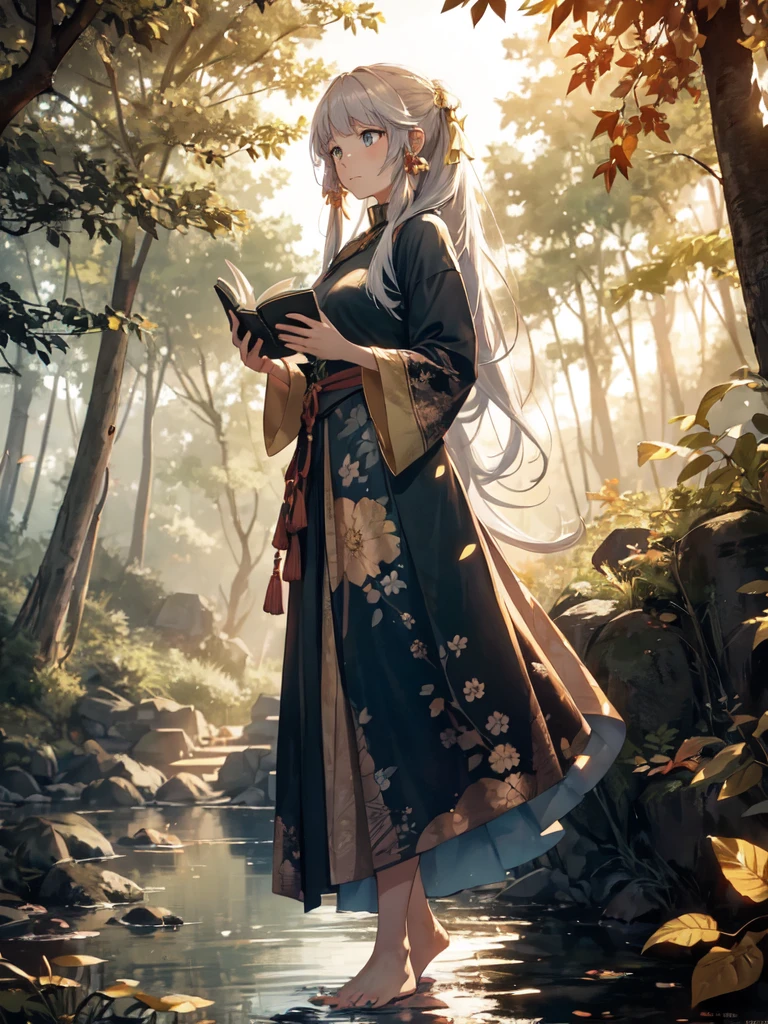 "A young woman with long, wavy auburn hair sits gracefully on a tree branch in a serene autumn forest. She is dressed in a light, floral-patterned dress that drapes softly over her legs, with bare feet resting on the branch. In her hands, she holds a book, clasped close to her chest, as she gazes thoughtfully into the distance. The golden light of the setting sun filters through the leaves, casting a warm, ethereal glow on her face and the surrounding foliage. The scene captures a moment of tranquil reflection amidst the natural beauty of the fall season, with leaves scattered on the ground and branches overhead creating a picturesque backdrop."
