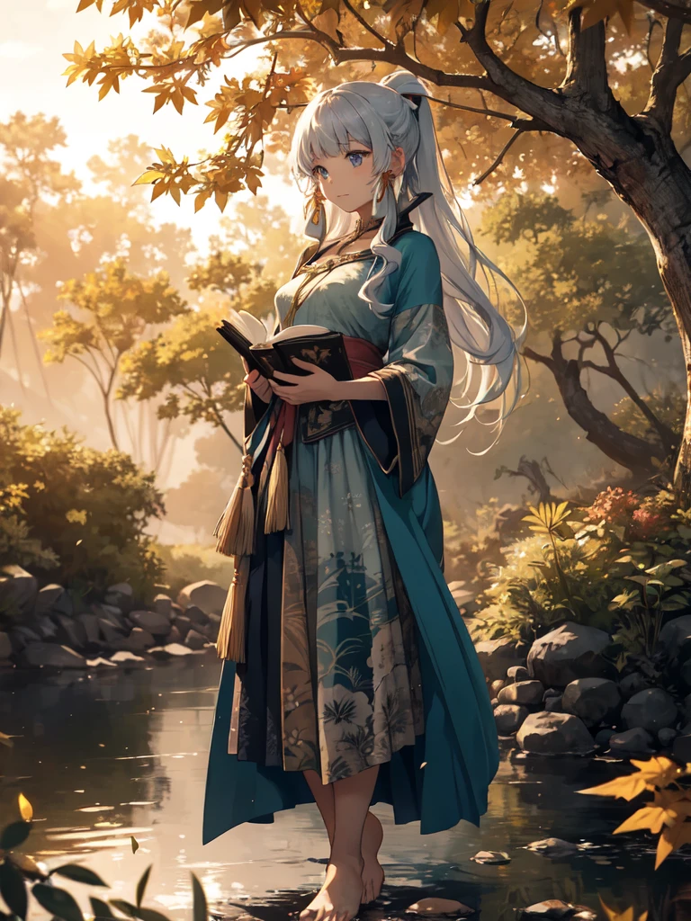 "A young woman with long, wavy auburn hair sits gracefully on a tree branch in a serene autumn forest. She is dressed in a light, floral-patterned dress that drapes softly over her legs, with bare feet resting on the branch. In her hands, she holds a book, clasped close to her chest, as she gazes thoughtfully into the distance. The golden light of the setting sun filters through the leaves, casting a warm, ethereal glow on her face and the surrounding foliage. The scene captures a moment of tranquil reflection amidst the natural beauty of the fall season, with leaves scattered on the ground and branches overhead creating a picturesque backdrop."