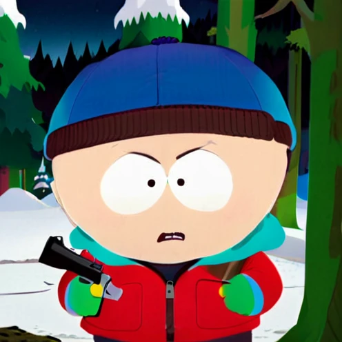 1boy, solo, Eric Cartman, short hair, brown hair, 1boy, hat, black eyes, red jacket, closed jacket, blue beanie, fat, child, angry, holding Machinegun, Dark Forest