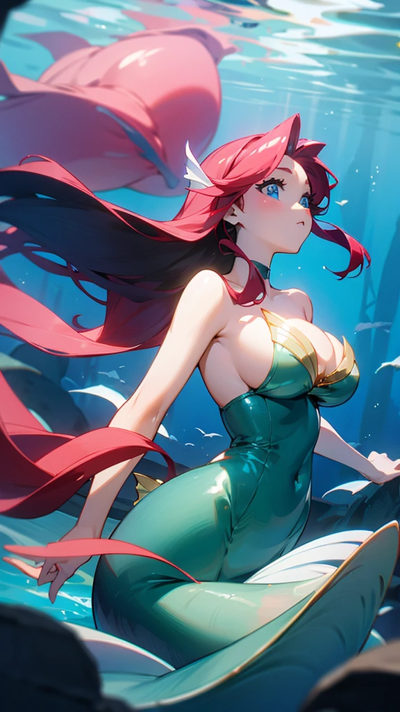 
little mermaid, biggest boobs, blue eyes, in middle of the sea