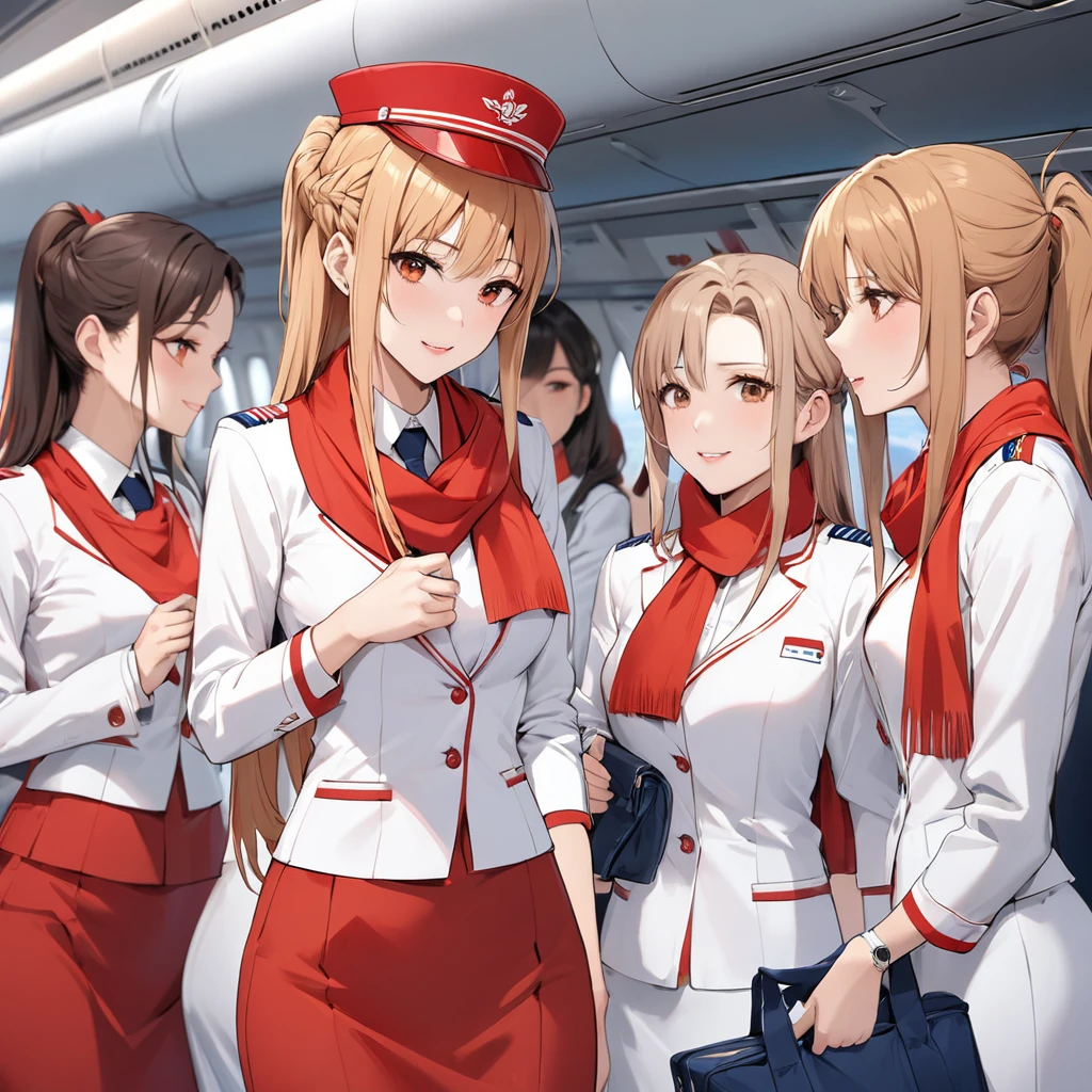 ((Highest quality)), ((masterpiece)), (detailed), (Perfect Face)、The woman is Yuuki Asuna, a flight attendant for Shandong Airlines, a Chinese woman with light brown, medium-long hair.、The woman is wearing a red Shandong Airlines flight attendant uniform, a uniform scarf and a uniform hat.、She is wearing the bright red uniform that is so typical of China.、Flight attendants were photographed gathering in a line.