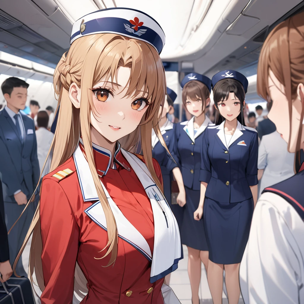 ((Highest quality)), ((masterpiece)), (detailed), (Perfect Face)、The woman is Yuuki Asuna, a flight attendant for Shandong Airlines, a Chinese woman with light brown, medium-long hair.、The woman is wearing a red Shandong Airlines flight attendant uniform, a uniform scarf and a uniform hat.、She is wearing the bright red uniform that is so typical of China.、Flight attendants were photographed gathering in a line.