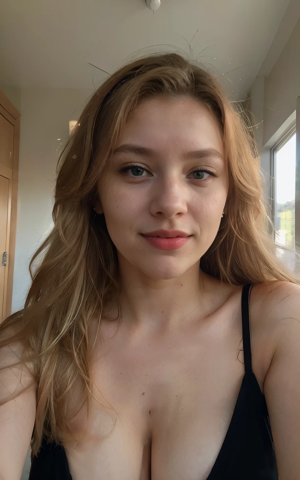 blonder woman, eyes you see, 17 year old young man ,friendly smile, Perfect beauty, (((high qualiy))), (((Hyper-Realism))), photo taken with iPhone , vibrant look, styled hair, ((perfect photo)), wide background, (((Selfie))), sexy look, sensuous, she is dressed socially, she is made up, wearing red lipstick, she is wearing a black dress, sexy woman face, luxurious environment, yellowish light, she is wearing blush, she is stunning