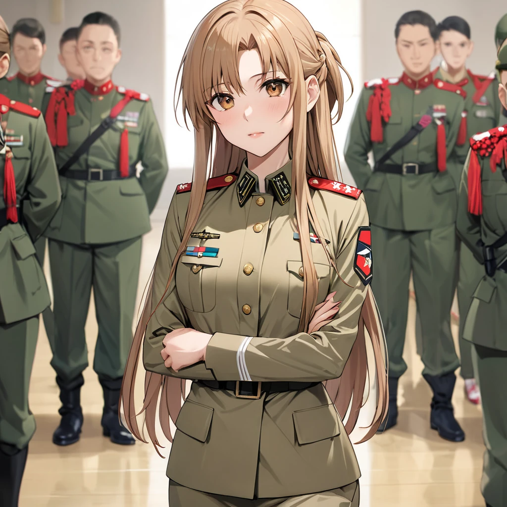 ((Highest quality)), ((masterpiece)), (detailed), （Perfect Face）、The woman is Asuna Yuki, a female member of the Japanese Self-Defense Forces. She has light brown, semi-long hair and is a female member of the Japanese Self-Defense Forces, dressed in the full khaki uniform of the Self-Defense Forces.、The woman is an exemplary member of the Self-Defense Forces and is taking part in the ceremony.