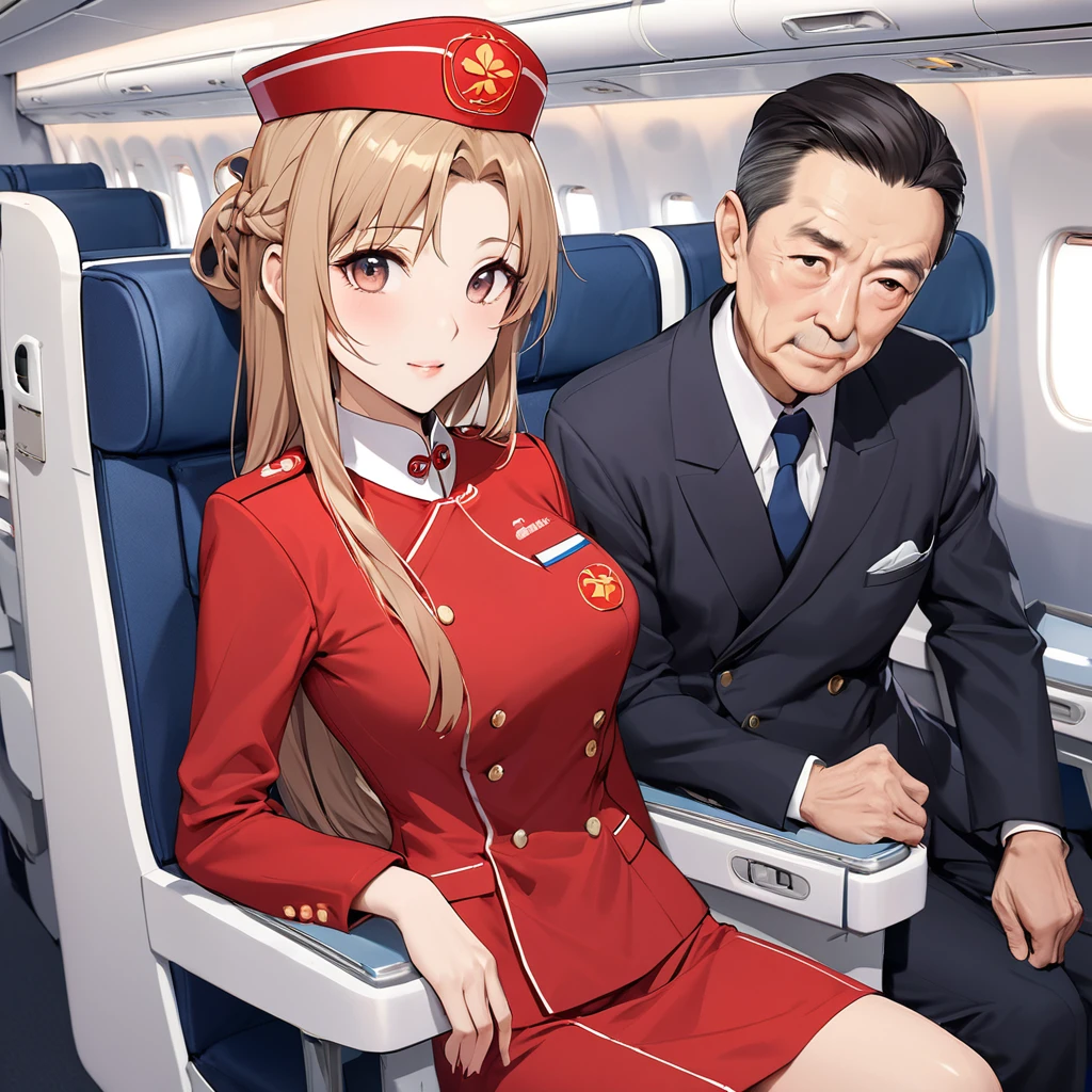 ((Highest quality)), ((masterpiece)), (detailed), (Perfect Face)、The woman is a Chinese flight attendant for Air China, named Yuuki Asuna, with light brown, medium-long hair.、The woman is wearing the red uniform of an Air China flight attendant.、The woman is an honorable special flight attendant reserved for members of the Chinese Communist Party.、The woman is a first-class passenger, and is the exclusive host and entertainer of a dignified elderly man who is a member of the Chinese Communist Party.