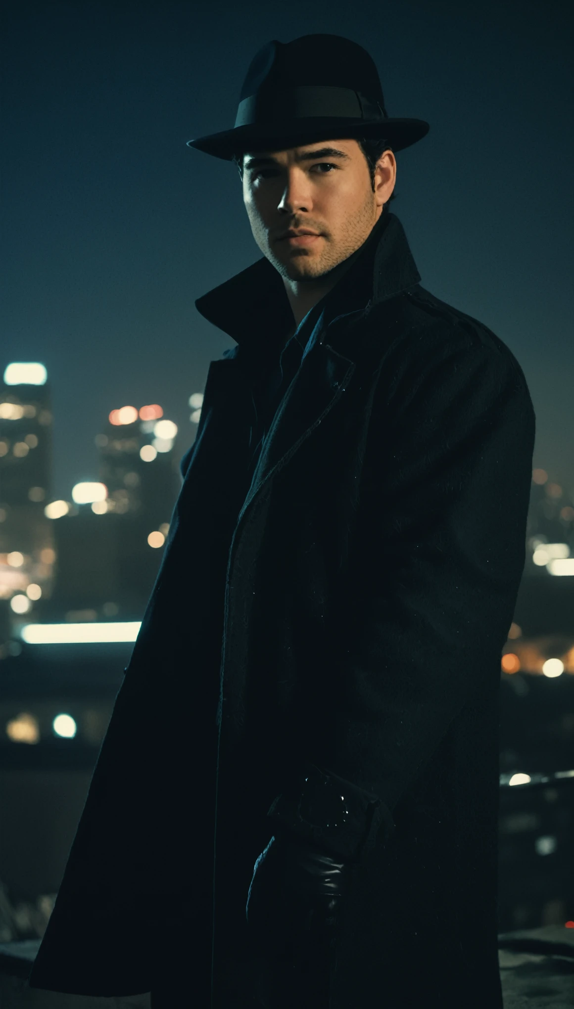 analog film photo, photo of a male superhero, 24 years-old, curly dark hair, hairy chest, lots of body hair, sun-tanned skintone, muscular stocky physique, overweight, wearing a fedora and dark detective's coat, posing on a neon-lit rooftop, nighttime, cyberpunk skyline, resembles Dean Cain, RAW Photograph, dslr, soft lighting, high quality, film grain, Fujifilm XT3, detailed skin with visible pores, insane details, masterpiece, 8k, 35mm photograph, dslr, kodachrome, faded film, desaturated, grainy, vintage, Lomography, stained, highly detailed, found footage