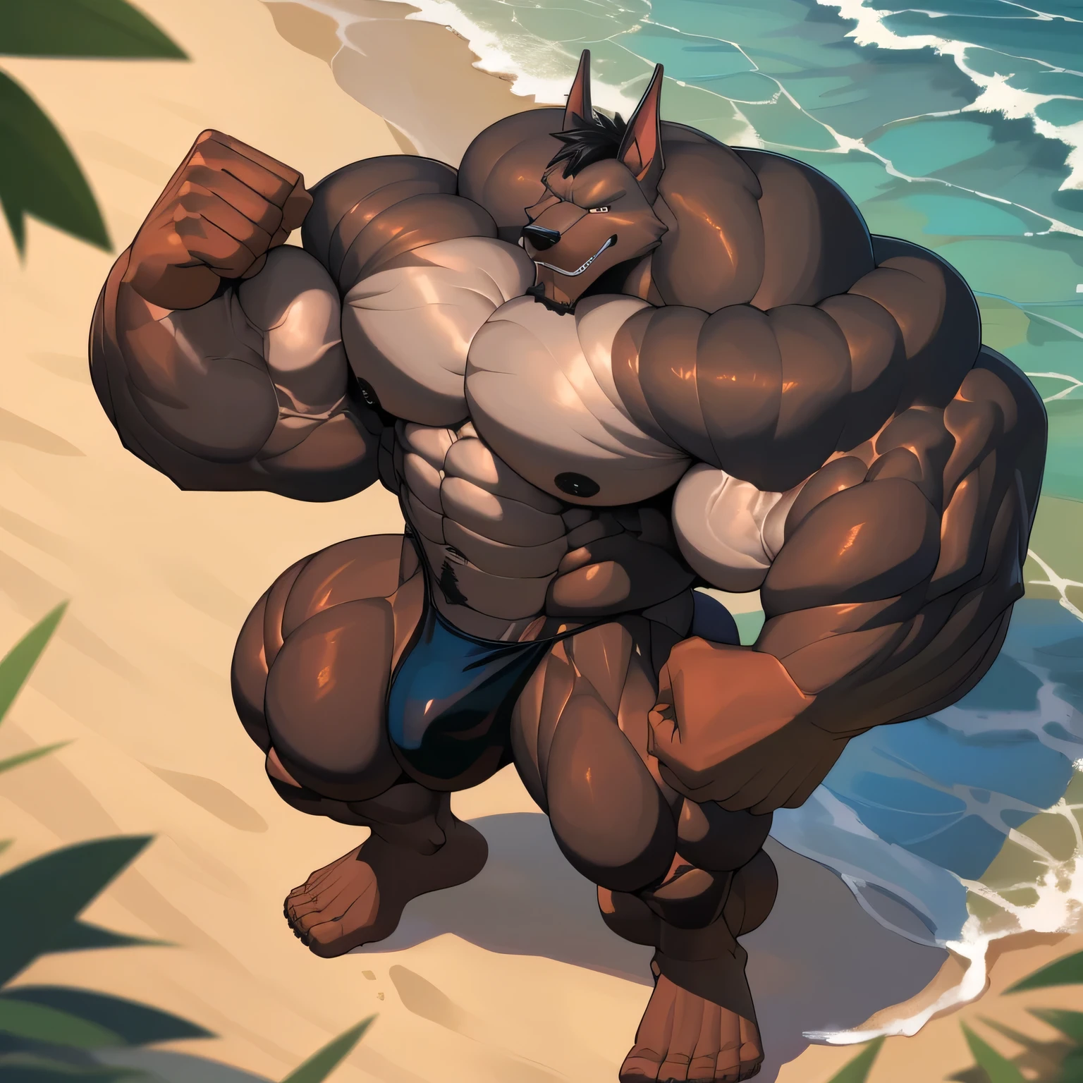 Solo, 1boy, a huge muscular furry doberman old man working out in the beach, huge shoulder muscle, shirtless, muscle, strong man, strong doberman, huge muscle, short hair, arrogant smile, jet black hair, massive body, ((really big muscle, massive muscular, sixpack, thick arms, wide pectoral, super huge muscle, hyper muscular, over sized muscle, huge arms, big arms, huge pectoral)), thong, big bulge in the Crotch, thick jet black fur, strong muscle, strong and intimidated, masterpiece, muscular, five fingers, correct anatomy, commission for high res, male, fantasy art, very very beautiful art, art painting , painting art,