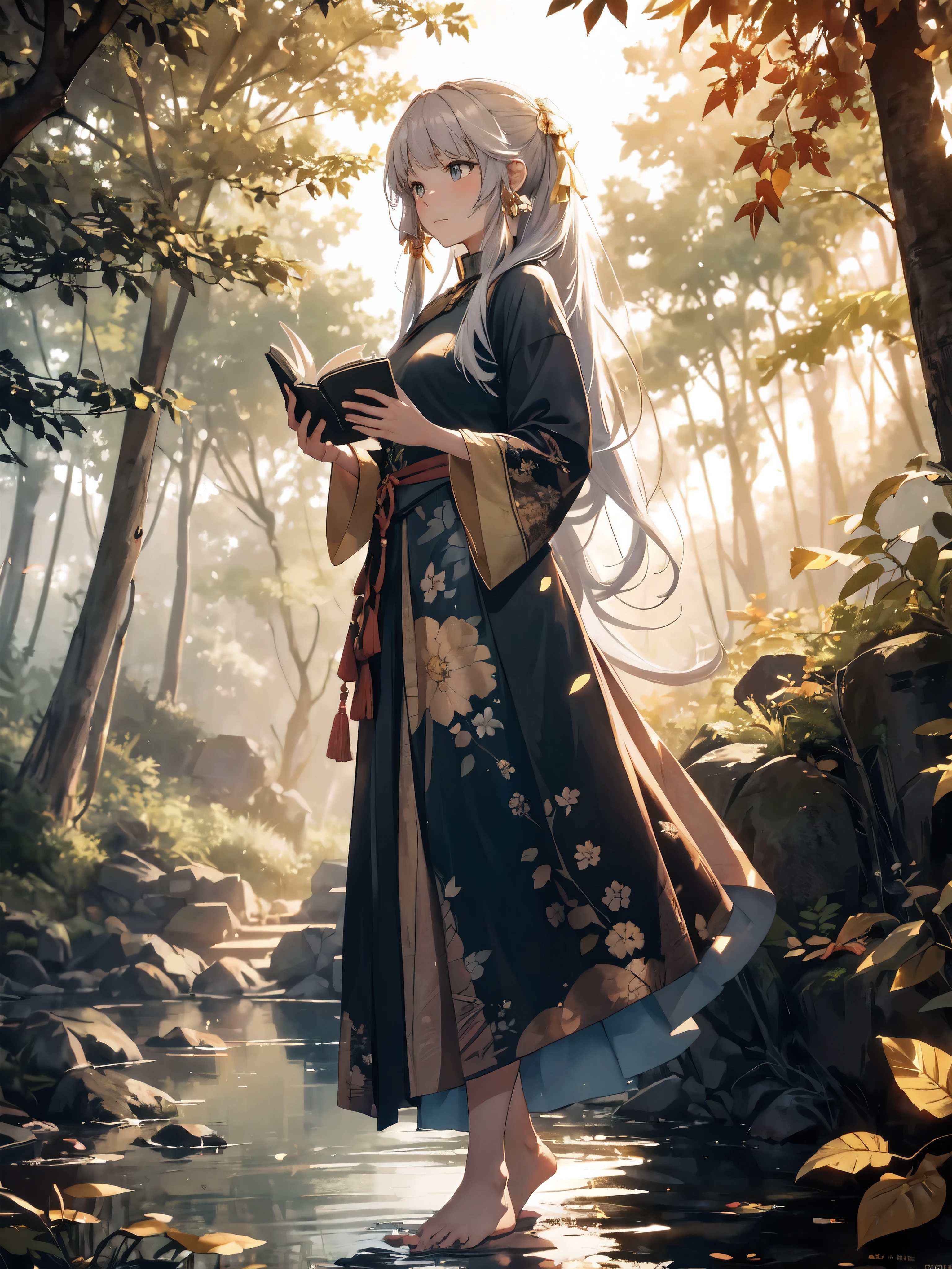 "A young woman with long, wavy auburn hair sits gracefully on a tree branch in a serene autumn forest. She is dressed in a light, floral-patterned dress that drapes softly over her legs, with bare feet resting on the branch. In her hands, she holds a book, clasped close to her chest, as she gazes thoughtfully into the distance. The golden light of the setting sun filters through the leaves, casting a warm, ethereal glow on her face and the surrounding foliage. The scene captures a moment of tranquil reflection amidst the natural beauty of the fall season, with leaves scattered on the ground and branches overhead creating a picturesque backdrop."