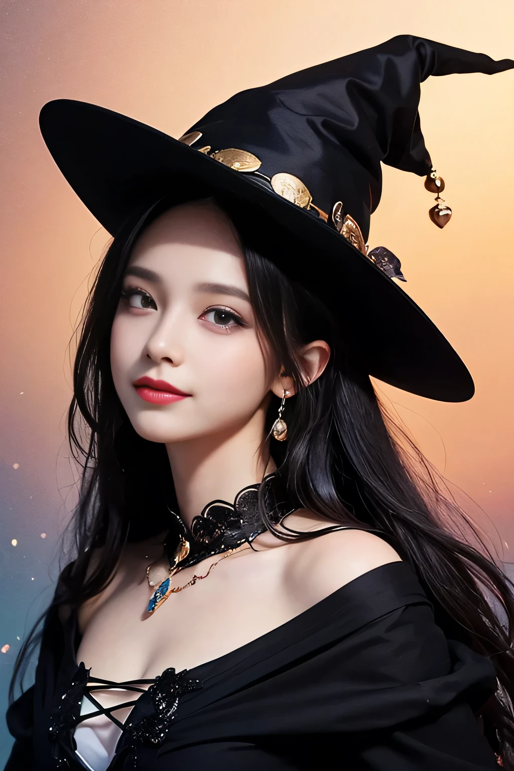 ((Highest quality, 8k, masterpiece: 1.3)),sharp: 1.2,Perfect Body Beauty: 1.4,pretty girl,Highly detailed face and skin texture,Detailed eyes,double eyelid,((Black Hair:1.4)))、((Fantasy)),((witch)),((Circlet)),smile,Wide Shot,Blue Hour