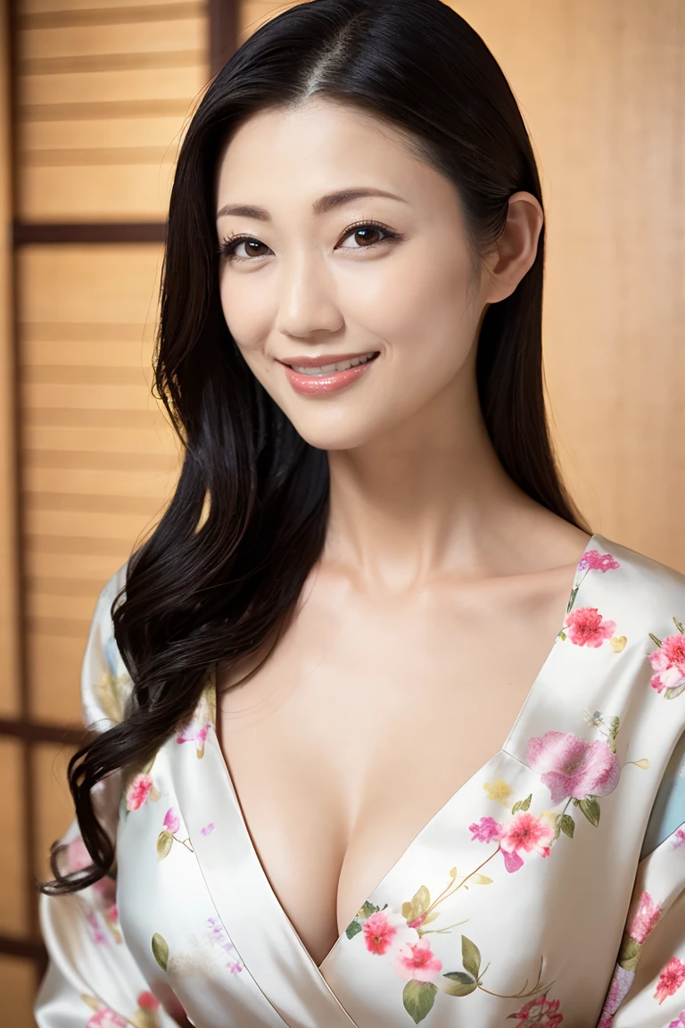 (Highest quality、Tabletop、8k、Best image quality、Award-winning works)、(One beautiful mature woman:1.1)、(Wrinkled aged face:1.2)、Adult face、(Innkeeper:1.1)、(Elegant floral kimono:1.2)、(Kimono that exposes the chest:1.3)、(Cleavage:1.5)、(Open chest:1.3)、(Large Breasts:1.2)、(Large Breastsの谷間を露出する:1.5)、Perfect mature woman portrait photo、Glowing Skin、Standing Elegantly、(Blurred elegant and exquisite perfect Japanese style room background:1.3)、(The most natural and perfect tidy Japanese style room background:1.2)、Glowing White Skin、Very white skin、(Accentuate your body lines:1.1)、(The most graceful posture:1.2)、A perfect smile、Perfect beautiful glossy lips、(Accurate anatomy:1.1)、(A perfect and elegant outfit:1.1)、(Standing with good posture:1.1)、(Face close-up:1.1)