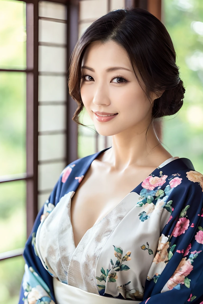 (Highest quality、Tabletop、8k、Best image quality、Award-winning works)、(One beautiful mature woman:1.1)、(Wrinkled aged face:1.2)、Adult face、(Innkeeper:1.1)、(Elegant floral kimono:1.2)、(Kimono that exposes the chest:1.3)、(Cleavage:1.5)、(Open chest:1.3)、(Large Breasts:1.2)、(Large Breastsの谷間を露出する:1.5)、Perfect mature woman portrait photo、Glowing Skin、Standing Elegantly、(Blurred elegant and exquisite perfect Japanese style room background:1.3)、(The most natural and perfect tidy Japanese style room background:1.2)、Glowing White Skin、Very white skin、(Accentuate your body lines:1.1)、(The most graceful posture:1.2)、A perfect smile、Perfect beautiful glossy lips、(Accurate anatomy:1.1)、(A perfect and elegant outfit:1.1)、(Standing with good posture:1.1)、(Face close-up:1.1)