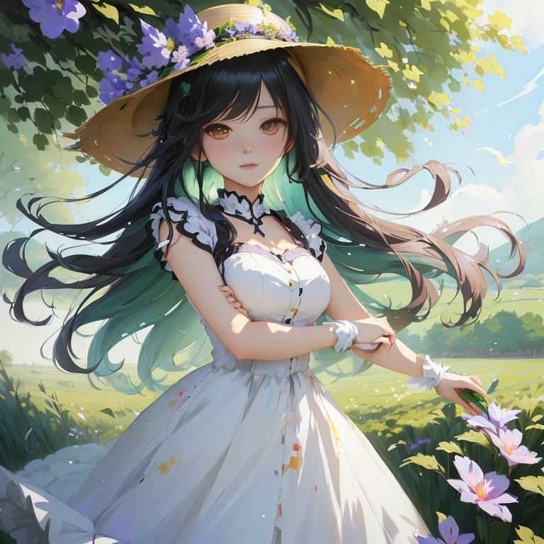 anime girl in a hat and dress standing in a field, cute anime waifu in a nice dress, artwork in the style of guweiz, painted in anime painter studio, guweiz, guweiz on pixiv artstation, made with anime painter studio, loli in dress, official art, beautiful anime portrait, guweiz on artstation pixiv