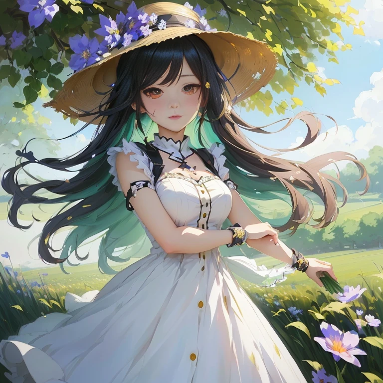 anime girl in a hat and dress standing in a field, cute anime waifu in a nice dress, artwork in the style of guweiz, painted in anime painter studio, guweiz, guweiz on pixiv artstation, made with anime painter studio, loli in dress, official art, beautiful anime portrait, guweiz on artstation pixiv