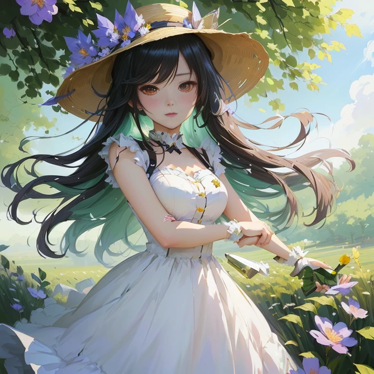 anime girl in a hat and dress standing in a field, cute anime waifu in a nice dress, artwork in the style of guweiz, painted in anime painter studio, guweiz, guweiz on pixiv artstation, made with anime painter studio, in dress, official art, beautiful anime portrait, guweiz on artstation pixiv