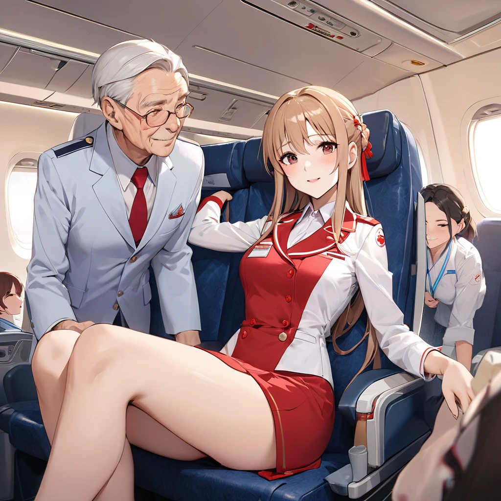 ((Highest quality)), ((masterpiece)), (detailed), （Perfect Face）、The woman is a Chinese flight attendant for Air China, named Yuuki Asuna, with light brown, medium-long hair.、The woman is wearing the red uniform of an Air China flight attendant.、The woman is an honorable special flight attendant reserved for members of the Chinese Communist Party.、The woman was a first-class passenger, a dignified elderly man who was a member of the Chinese Communist Party and was serving him privately, sitting next to him and entertaining him.、A man and a woman alone in the first class cabin