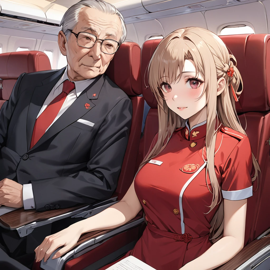 ((Highest quality)), ((masterpiece)), (detailed), （Perfect Face）、The woman is a Chinese flight attendant for Air China, named Yuuki Asuna, with light brown, medium-long hair.、The woman is wearing the red uniform of an Air China flight attendant.、The woman is an honorable special flight attendant reserved for members of the Chinese Communist Party.、The woman was a first-class passenger, a dignified elderly man who was a member of the Chinese Communist Party and was serving him privately, sitting next to him and entertaining him.、A man and a woman alone in the first class cabin