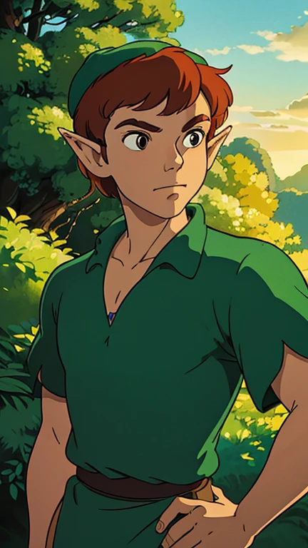 (a man as peter pan), (extremely detailed CG unit 8k wallpaper),(master part), (best quality), (ultra detail), (best illustration),(ghibli style), cowboy shot,(Sharp eyeliner, ombre, detailed eyes:1), Neverland , outdoors GHIBLI_Background,break,upper body,hat, pointed elf-like ears, brown eyes, reddish hair