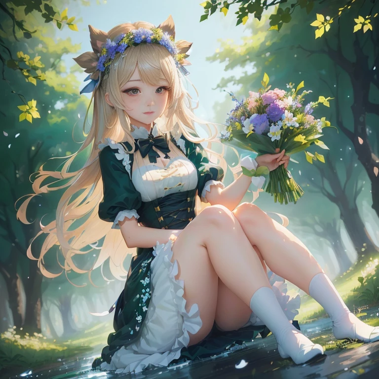 anime girl sitting on the ground with flowers in her hand, a maid in a magical forest, in dress, guweiz on pixiv artstation, beautiful maiden, anime lush john 8k woods, a sexy maid in a magical forest, guweiz on artstation pixiv, cute anime waifu in a nice dress, splash art anime loli