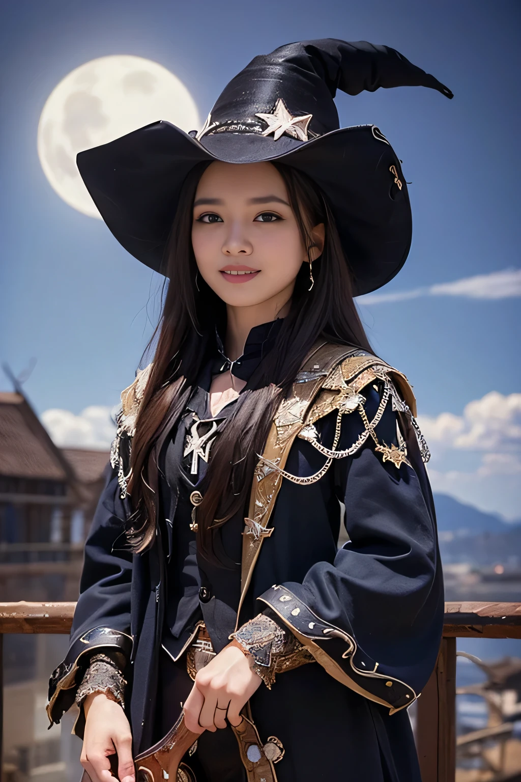 ((Highest quality, 8k, masterpiece: 1.3)),sharp: 1.2,Perfect Body Beauty: 1.4,pretty girl,Highly detailed face and skin texture,Detailed eyes,double eyelid,((Black Hair:1.4)))、((Fantasy)),((witch)),((Circlet)),smile,Wide Shot,Blue Hour、((Cowboy Shot:1.5))、