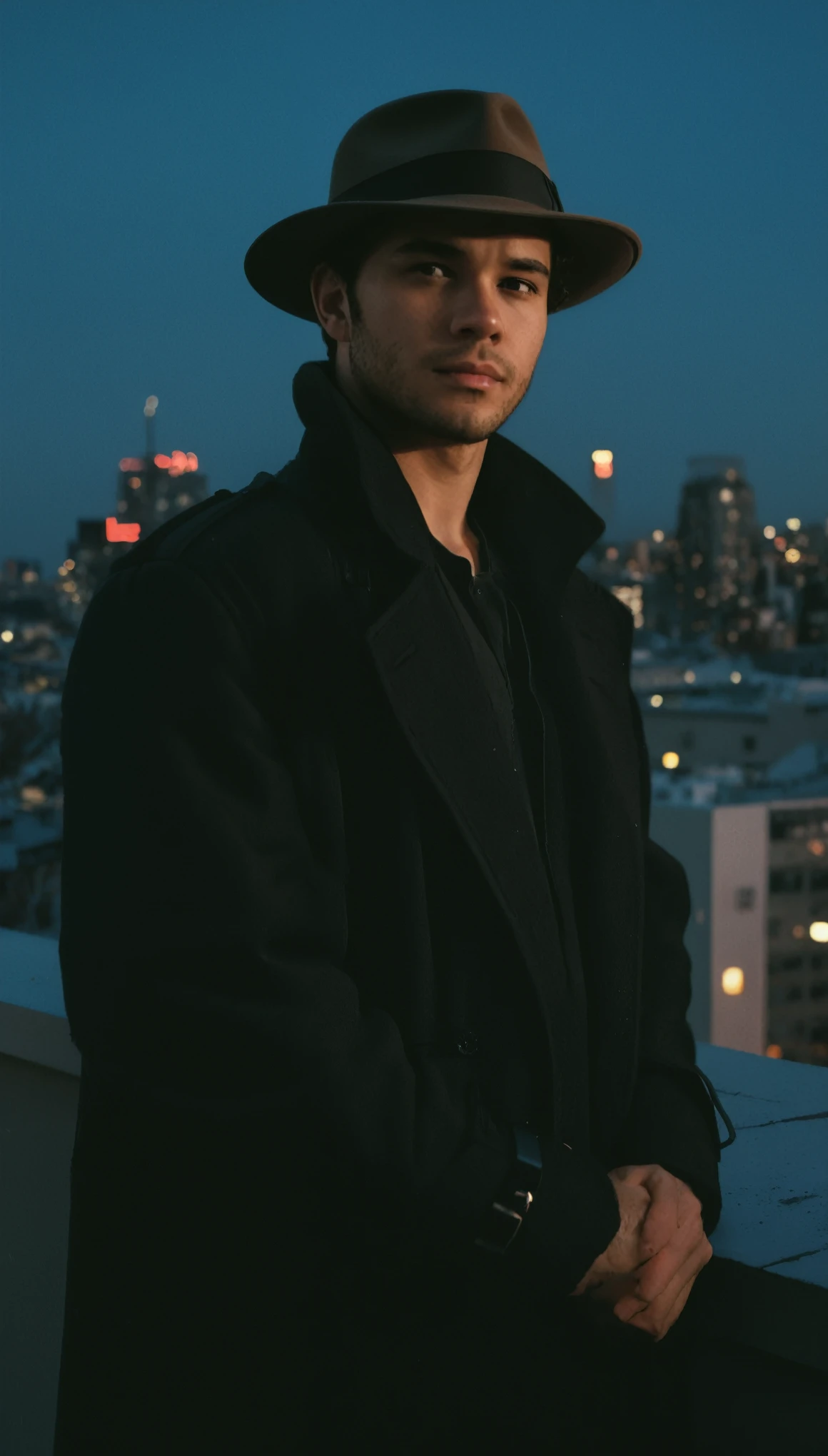 analog film photo, photo of a man, 24 years-old, curly dark hair, stubble, hairy chest, lots of body hair, sun-tanned skintone, muscular stocky physique, overweight, wearing a fedora and dark detective's coat, posing on a neon-lit rooftop, nighttime, cyberpunk skyline, resembles Dean Cain, RAW Photograph, dslr, soft lighting, high quality, film grain, Fujifilm XT3, detailed skin with visible pores, insane details, masterpiece, 8k, 35mm photograph, dslr, kodachrome, faded film, desaturated, grainy, vintage, Lomography, stained, highly detailed, found footage