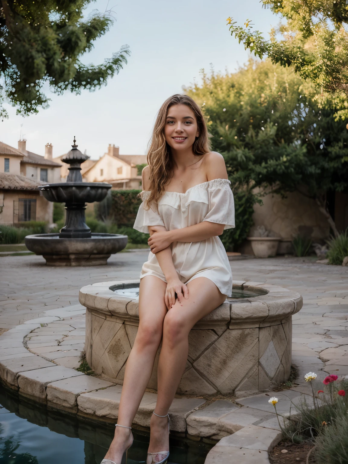 A slender, blond woman sits comfortably on the edge of a central stone well in a small village nestled in the Madeira mountains. She has her legs spread casually, enjoying the cool shade provided by a large, ancient oak tree behind her. Her curly blond hair flows freely, catching the gentle breeze. She wears a light, off-shoulder white dress with delicate lace details, the soft fabric draping elegantly over her sun-kissed skin. A pair of simple sandals adorn her feet, completing her relaxed and summery look. The village square is tranquil and picturesque, bathed in the warm glow of the afternoon sun. Traditional Madeiran houses with red-tiled roofs surround the square, adding a charming, rustic feel. The central stone well, where the woman sits, is a focal point, its timeworn stones telling tales of the village's history. The well's cool, clear water glistens in the dappled sunlight filtering through the oak's leaves. A small café nearby is bustling with life; people sit at outdoor tables, enjoying coffee and light conversations. The atmosphere is lively yet relaxed, with the gentle hum of voices mingling with the soft clinking of coffee cups. The woman, content and at ease, watches the simple village life unfold around her, taking pleasure in the serene and inviting setting. Goldfish, water lilies, dragonflies, moss-covered rocks, cattails, willow tree, blooming wildflowers, daisies, butterfly, pebble path, wild grasses, ferns, reeds, lily pads, tall pine trees, maple trees, spruce trees, birch trees, fallen leaves, mushrooms, wild berries, mossy logs, clover patches, dragonflies, bees, birds, squirrels, chipmunks, rabbits, deer, wild ducks, turtles, herons, hawks, eagles, otters, frogs, salamanders, fresh water springs, natural rock formations, forest underbrush, forest canopy, fallen branches, tree stumps, wildflowers in bloom. torn dirty muddy clothes, bare pussy, bare breasts, hard niplpes, aroused happy smiling 27year blond mature seductive woman. crowded café