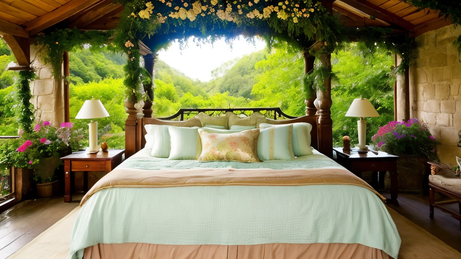 ((Best quality)), ((masterpiece)), (detailed), fabulous atmosphere, lots of flowers and greenery, bed, for sleep music,magic,praise