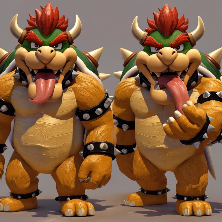 Bowser (The Super Mario Bros. Movie), 3D Animation, Looking at viewer, Open Mouth, Tongue Out, Long Tongue, Wide-Eyed, Anatomically Correct, Seductive Smile, Raised Eyebrow, Oral Invitation, Simple background, Multiple Views, Full Shot, Character Sheet Full-Length, Character Design, Illustration, High Resolution, Super Detailed, Textured Skin