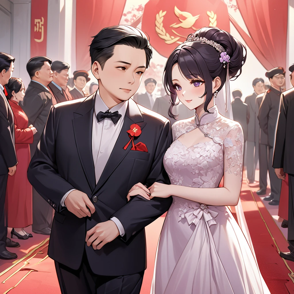 ((Highest quality)), ((masterpiece)), (detailed), （Perfect Face）、The woman is a Chinese woman named Kocho Shinobu.。, Purple gradient bob black hair and formal evening hairstyles. She is wearing an engagement ring. She is a prominent member of the Chinese Communist Party.、She is the wife of a great old Communist Party official.、The woman is wearing a gorgeous red wedding dress that is typical of the Chinese Communist Party.、She walked side by side with a dignified elderly Communist Party official down the red carpet aisle in a loving wedding ceremony.。A loving Chinese Communist couple