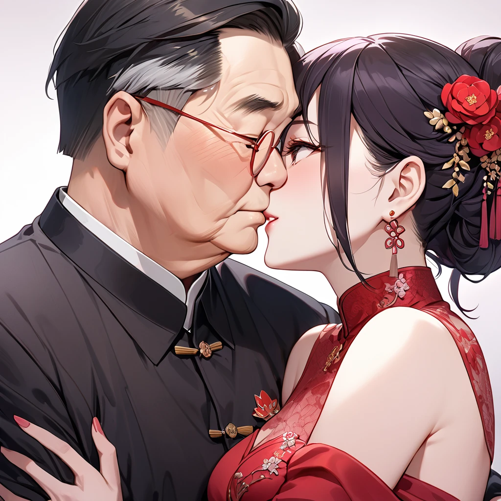 ((Highest quality)), ((masterpiece)), (detailed), (Perfect Face)、The woman is a Chinese woman named Kocho Shinobu.。, Purple gradient bob black hair and formal evening hairstyles. She is wearing an engagement ring. She is a prominent member of the Chinese Communist Party.、She is the wife of a great old Communist Party official.、The woman is wearing a gorgeous red wedding dress that is typical of the Chinese Communist Party.、She is seen in a passionate wedding ceremony with a dignified elderly Communist Party official, embracing him passionately and kissing him in a deep vow.。A loving Chinese Communist couple