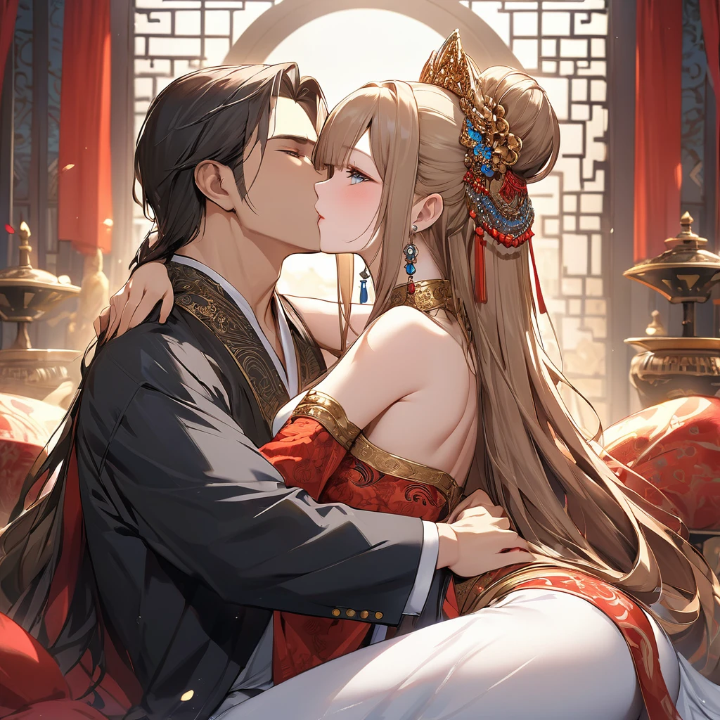 ((Highest quality)), ((masterpiece)), (detailed), （Perfect Face）、The woman is a concubine and sixth wife, Yuuki Asuna, with light brown, medium-long hair. She is a concubine to a wealthy man and a member of his harem. She is beautifully dressed in a captivating harem outfit and is lavishly adorned with many accessories.、The woman is pampered by the other concubines and the wealthy man, and is loved by him.、The woman and the man embrace and kiss, and then the man&#39;s penis enters the woman&#39;s vagina and ejaculates a large amount, making love to each other.