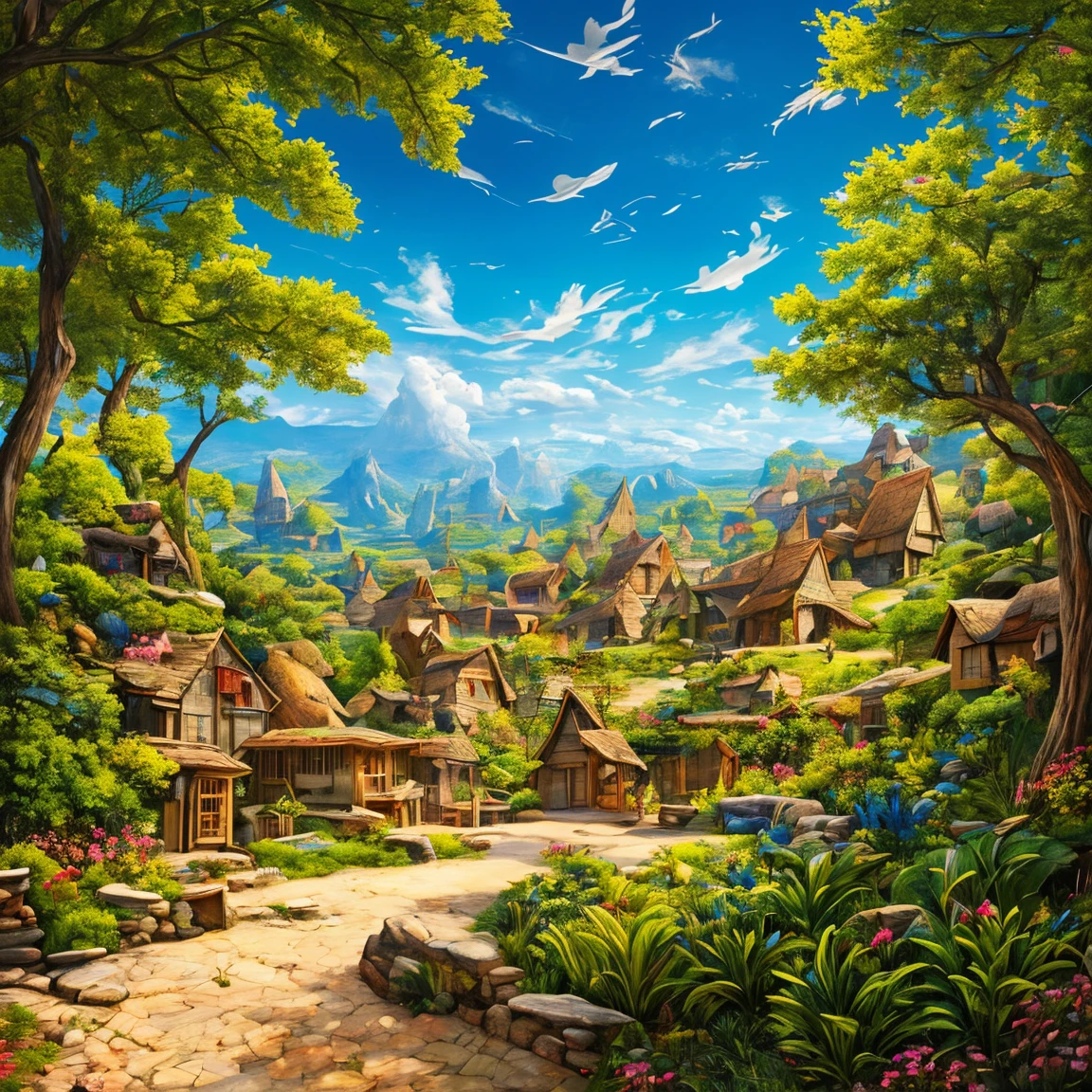 A highly detailed, photorealistic masterpiece of a surreal and imaginative painting of a viking city, 8K resolution, swirly vibrant colors, hyper-realistic style, naïve art, sharp focus, Physically based rendering, professional artistic composition, outdoor nature scene, lush foliage, dream-like atmosphere, dramatic lighting, Ethereal humor