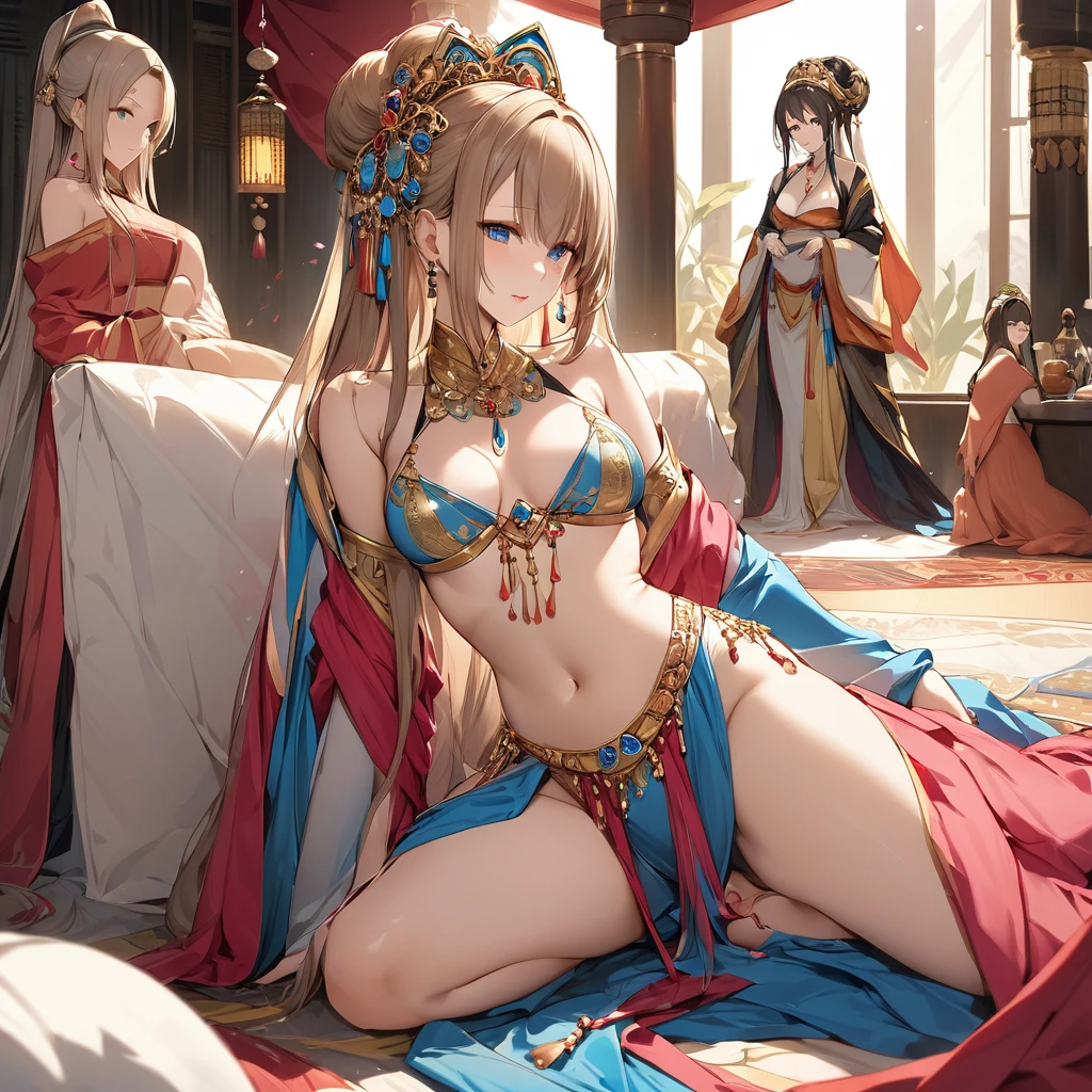 ((Highest quality)), ((masterpiece)), (detailed), （Perfect Face）、The woman is a concubine and sixth wife, Yuuki Asuna, with light brown, medium-long hair. She is a concubine to a wealthy man and a member of his harem. She is beautifully dressed in a captivating harem outfit and is lavishly adorned with many accessories.、Including women６The man&#39;s concubines are gathered around him