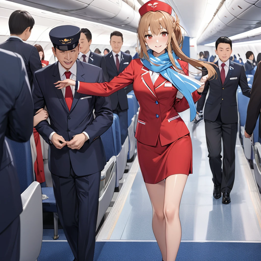 ((Highest quality)), ((masterpiece)), (detailed), （Perfect Face）、The woman is Yuuki Asuna, a flight attendant for Shandong Airlines, a Chinese woman with light brown, medium-long hair.、The woman is wearing a red Shandong Airlines flight attendant uniform, a uniform scarf and a uniform hat.、She is wearing the bright red uniform that is so typical of China.、Flight attendants were photographed gathering in a line.