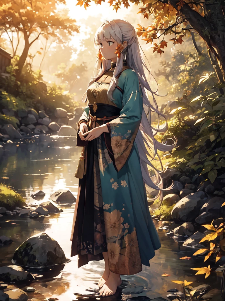 "A young woman with long, wavy auburn hair sits gracefully on a tree branch in a serene autumn forest. She wearing orange sharee,dressed in a light, floral-patterned dress that drapes softly over her legs, with bare feet resting on the branch. In her hands, she holds a book, clasped close to her chest, as she gazes thoughtfully into the distance. The golden light of the setting sun filters through the leaves, casting a warm, ethereal glow on her face and the surrounding foliage. The scene captures a moment of tranquil reflection amidst the natural beauty of the fall season, with leaves scattered on the ground and branches overhead creating a picturesque backdrop."