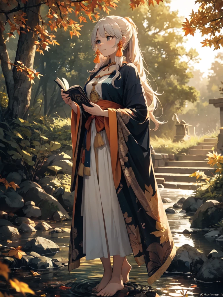 "A young woman with long, wavy auburn hair sits gracefully on a tree branch in a serene autumn forest. She wearing orange sharee,dressed in a light, floral-patterned dress that drapes softly over her legs, with bare feet resting on the branch. In her hands, she holds a book, clasped close to her chest, as she gazes thoughtfully into the distance. The golden light of the setting sun filters through the leaves, casting a warm, ethereal glow on her face and the surrounding foliage. The scene captures a moment of tranquil reflection amidst the natural beauty of the fall season, with leaves scattered on the ground and branches overhead creating a picturesque backdrop."