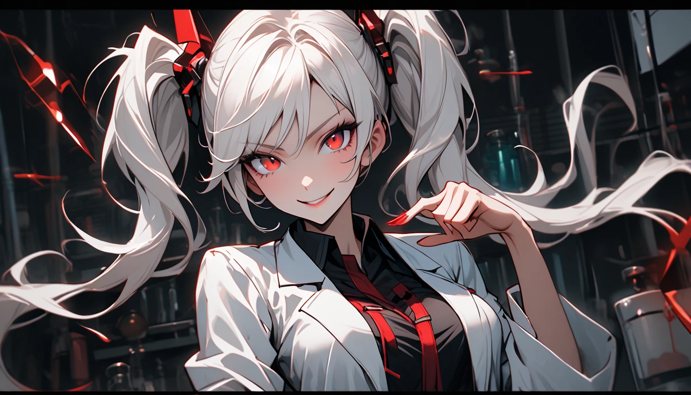 solo, female, tall, red eyes, long white hair, twin tails, lab coat, lab, mischievous smile, fun pose, large breasts, close up, bratty, tomboy