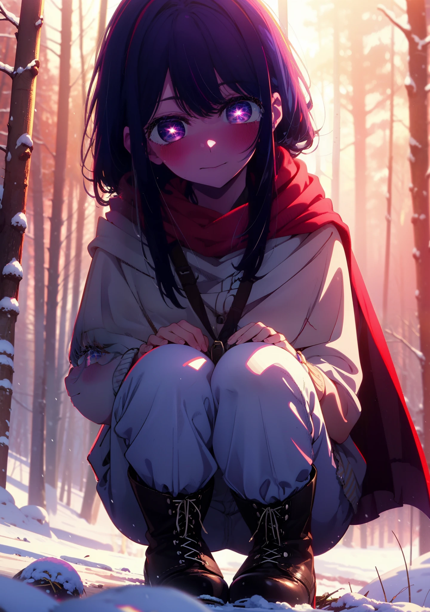 aihoshino, Ai Hoshino, Long Hair, bangs, (Purple eyes:1.1), Purple Hair, (Symbol-shaped pupil:1.5), smile,,smile,blush,white breath,
Open your mouth,snow,Ground bonfire, Outdoor, boots, snowing, From the side, wood, suitcase, Cape, Blurred, , forest, White handbag, nature, Squat, Mouth closed, Cape, winter, Written boundary depth, Black shoes, red Cape break looking at viewer, Upper Body, whole body, break Outdoor, forest, nature, break (masterpiece:1.2), Highest quality, High resolution, unity 8k wallpaper, (shape:0.8), (Beautiful and beautiful eyes:1.6), Highly detailed face, Perfect lighting, Extremely detailed CG, (Perfect hands, Perfect Anatomy),