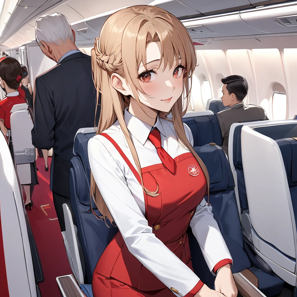 ((Highest quality)), ((masterpiece)), (detailed), (Perfect Face)、The woman is a Chinese flight attendant for Air China, named Yuuki Asuna, with light brown, medium-long hair.、The woman is wearing the red uniform of an Air China flight attendant.、The woman is an honorable special flight attendant reserved for members of the Chinese Communist Party.、The woman is a first-class passenger, and is the exclusive host and entertainer of a dignified elderly man who is a member of the Chinese Communist Party.