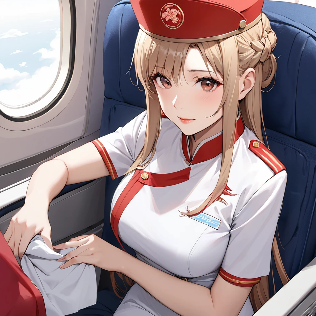((Highest quality)), ((masterpiece)), (detailed), （Perfect Face）、The woman is a Chinese flight attendant for Air China, named Yuuki Asuna, with light brown, medium-long hair.、The woman is wearing the red uniform of an Air China flight attendant.、The woman is an honorable special flight attendant reserved for members of the Chinese Communist Party.、The woman is a first-class passenger, and is the exclusive host and entertainer of a dignified elderly man who is a member of the Chinese Communist Party.