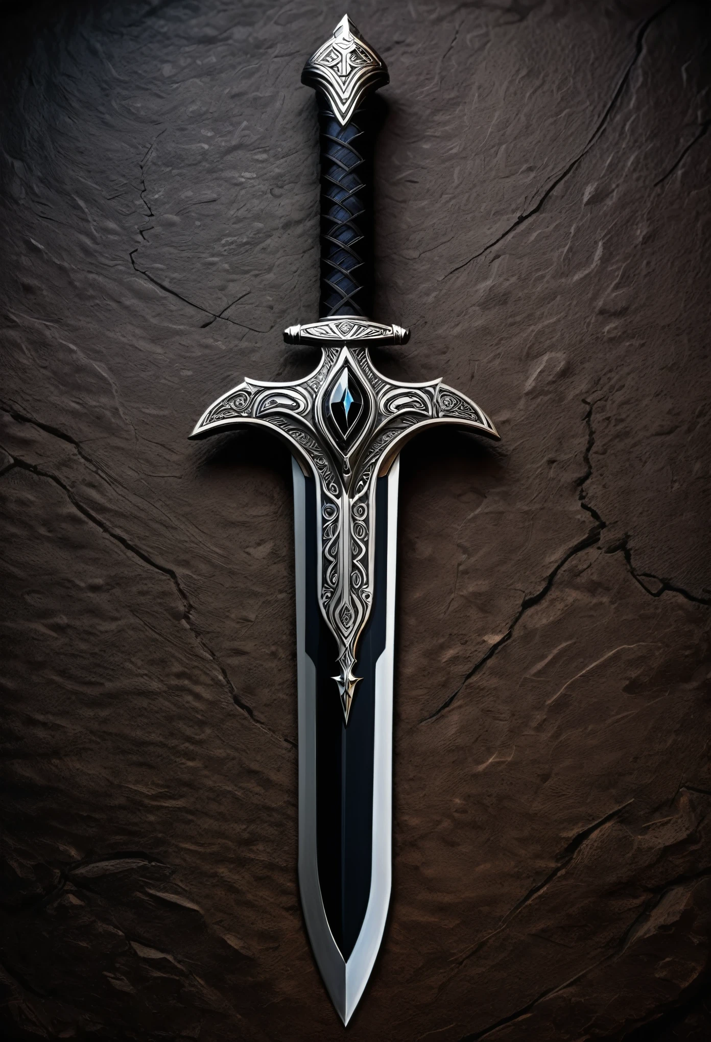 A black gladius of primordial and imposing design, with an aura of deep and unfathomable power. The blade is adorned with white lines that snake along the edge, giving a glow of grandeur. Arcane runes are engraved on the blade: Wow (ᛇ), symbolizing transformation; Thurisaz (ᚦ), representing brute force; e Hagalaz (ᚺ), denoting change and destruction. These runes are subtly detailed, highlighting the fusion of strength and mystery. The contrast between the black of the blade and the white lines intensifies the majestic and threatening presence of the artifact.