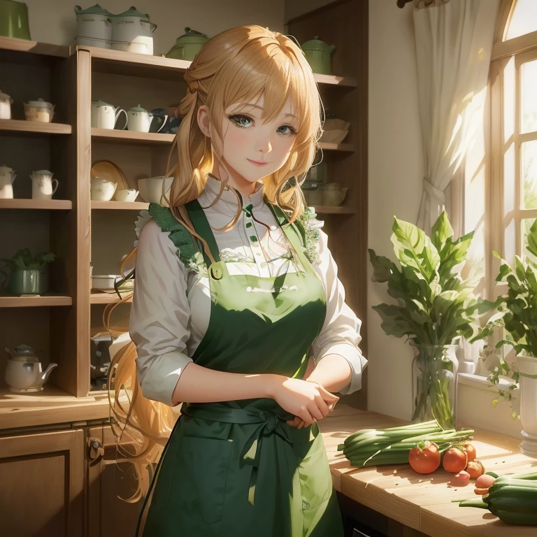 anime girl in green apron standing in kitchen with vegetables, in the kitchen, painted in anime painter studio, smooth anime cg art, violet evergarden, marin kitagawa fanart, made with anime painter studio, official character art, cooking, rin, official character illustration, official art, in a kitchen, anime moe artstyle, anime visual of a cute girl