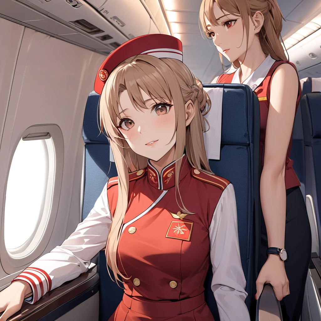 ((Highest quality)), ((masterpiece)), (detailed), (Perfect Face)、The woman is a Chinese flight attendant for Air China, named Yuuki Asuna, with light brown, medium-long hair.、The woman is wearing the red uniform of an Air China flight attendant.、The woman is an honorable special flight attendant reserved for members of the Chinese Communist Party.、The woman was a first-class passenger, a dignified elderly man who was a member of the Chinese Communist Party and was serving him privately, sitting next to him and entertaining him.、A man and a woman alone in the first class cabin